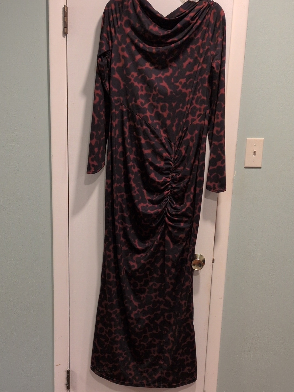 Cowl Neck Long Sleeve Maxi Dress in Black and Brown Leopard